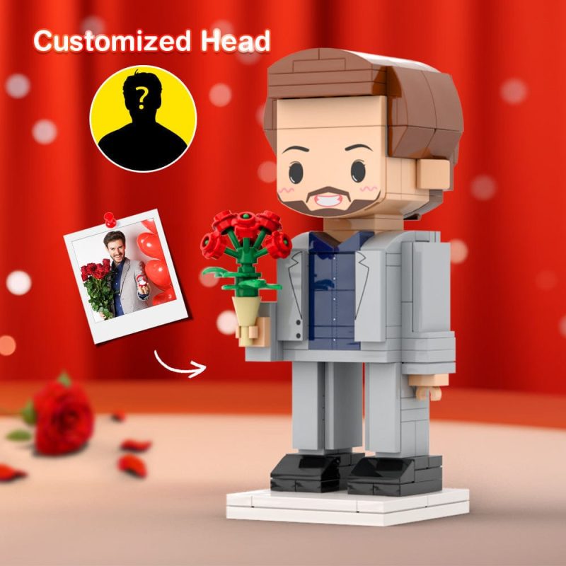 Boy Holding Rose Valentine’s Day Gift Custom Head Brick Figures Personalized Brick Figures Small Particle Block