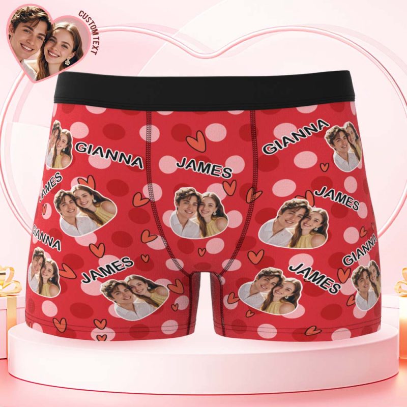 Custom Men’s Boxer Shorts Personalized Multicolor Heart Dot Photo Brief Boxer with Name Valentine’s Day GiftUS
