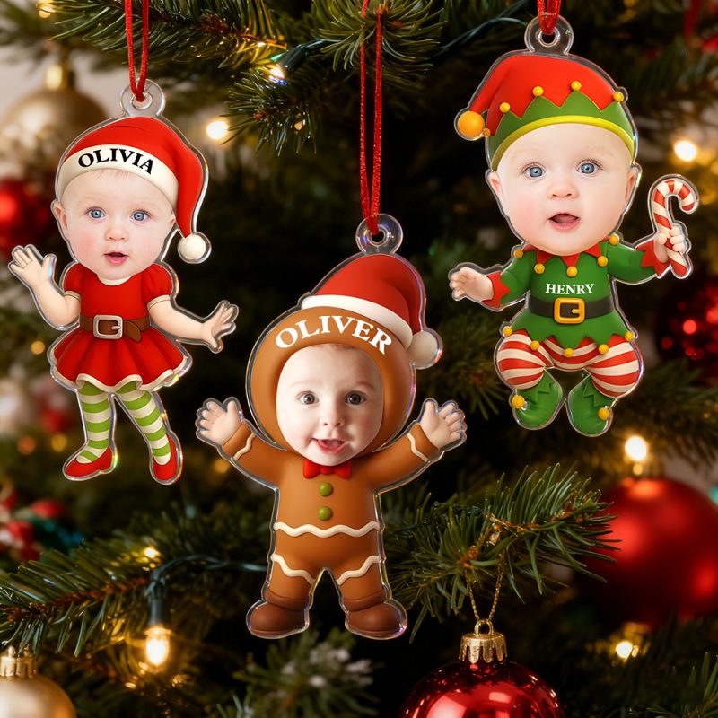 Custom Baby’s First Christmas Acrylic Ornament: Photo Santa, Elf & Gingerbread Design