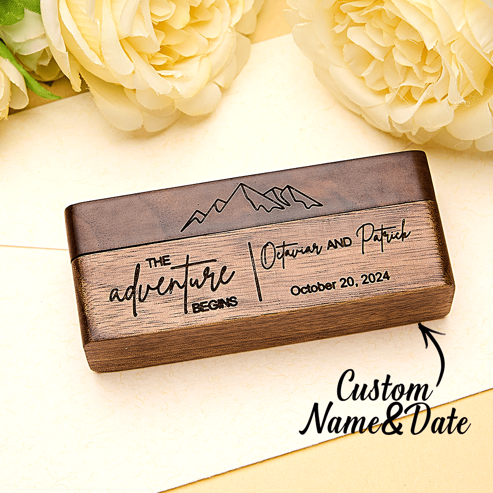 Personalized Rustic Engraved Wood 2 Rings Bearer Box with Date & Name Wedding Proposal Gift for Couple - Image 2