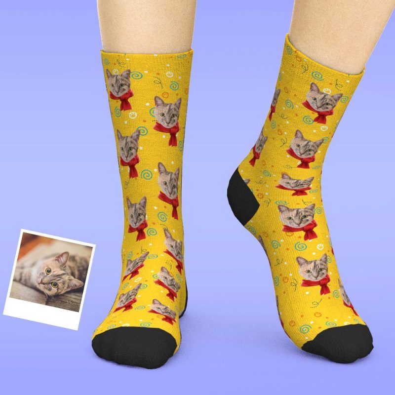 Cat Face Socks Personalized Pet with Scarf Socks Christmas Gift For Cat Owner