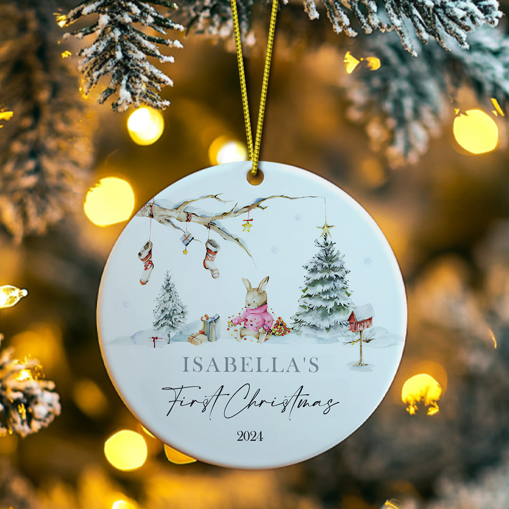 Personalized Rabbit Ceramic Ornament with Name Baby's First Christmas Ornament for New Baby Christmas Gift - Myphotowallet