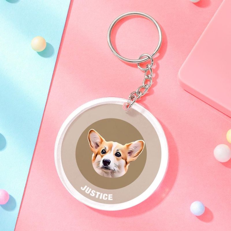 Custom Round Keychain Personalized Pet Photo with Name Keychains Gift for Pet Lover – Khaki