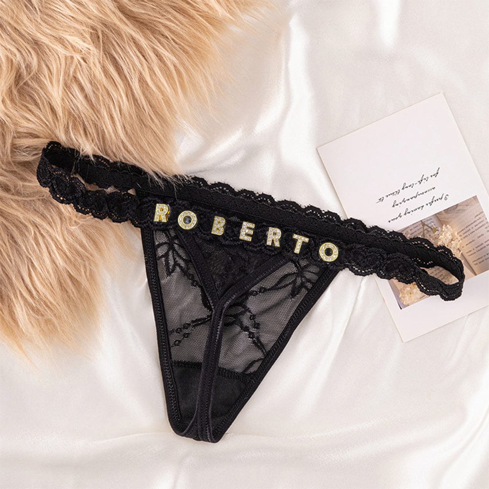Custom Lace Thongs with Jewelry Crystal Letter Name Gift for Her - Image 2