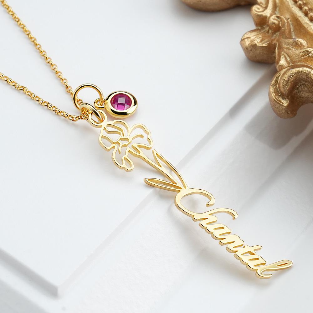 Custom Text Birth Flower Necklace with Birthstone Personalized Gift for Mom - Image 2