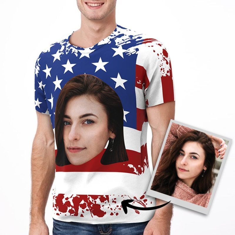American Flag Shirt With Girlfriend Face Custom Face T-shirt 4th of July Gifts