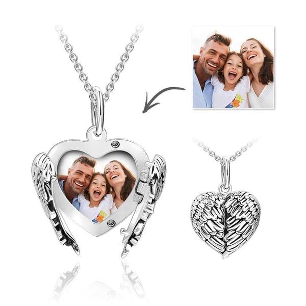 Engravable Photo Locket Necklace Gifts for Girlfriend Heart Angel Wings Gold Plated