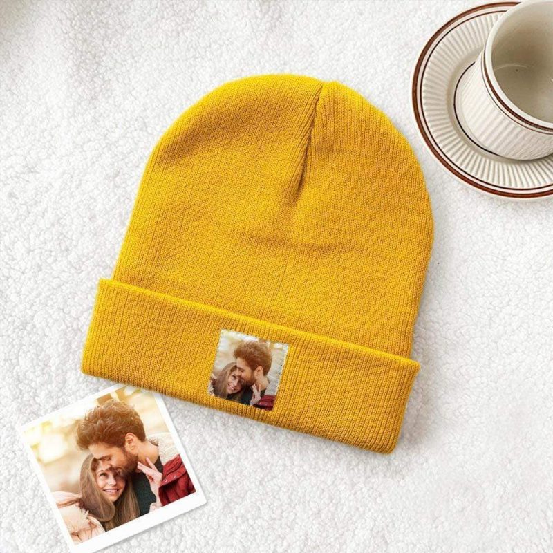 Personalized Photo Beanie Hat Custom Knitted Hat Valentine’s Day Gifts-4 Colors