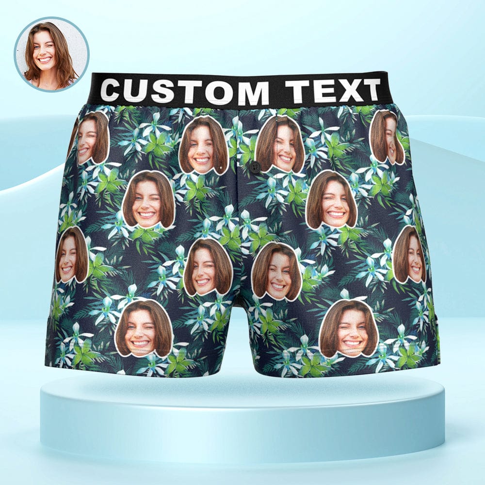 Custom Face Flowers and Leaves Design Boxer Shorts Personalized Waistband Casual Underwear for Him - Image 2