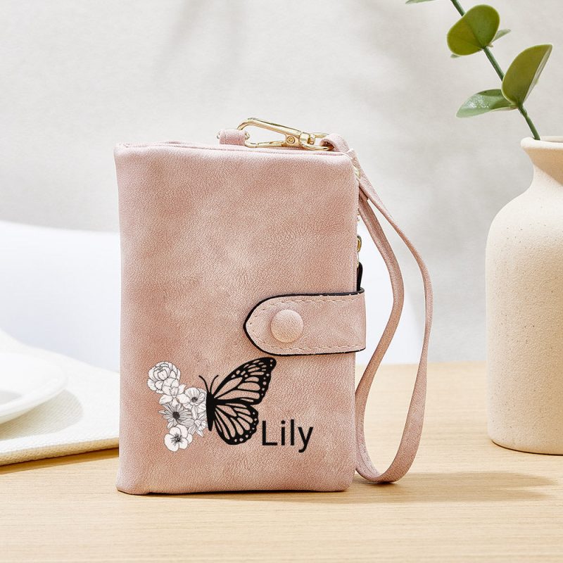 Custom Tri-Fold Butterfly Birth Flower Leather Wallet with Coin Holder Personalized Mother’s Day Gift for Woman – Myphotowallet