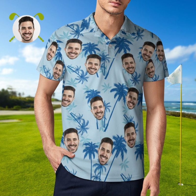 Father’s Day Gift Men’s Custom Face Polo Shirt Personalized Light Blue Hawaiian Golf Shirts