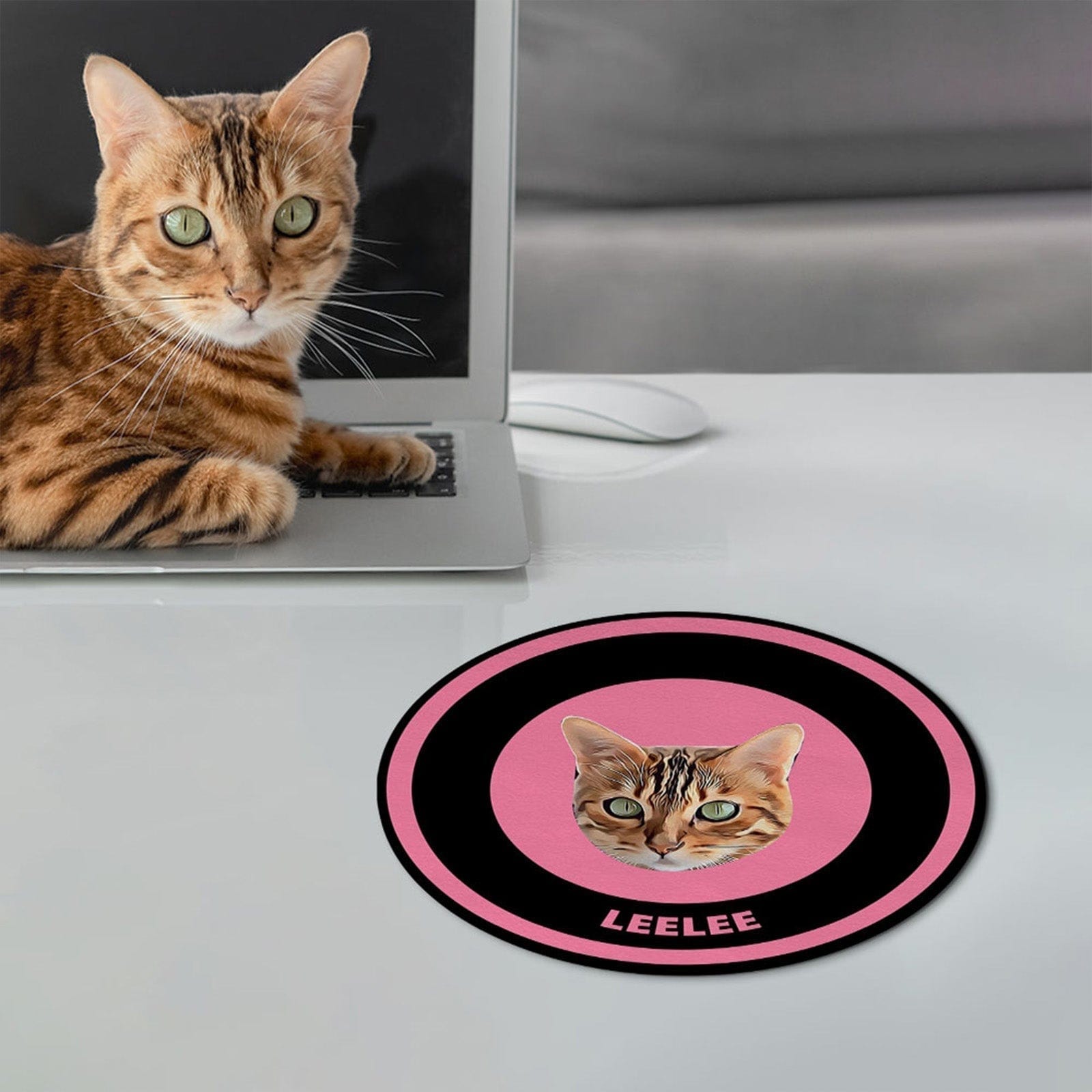 Custom Round Mouse Pad Personalized Pet Face with Name Gift for Pet Lover - Black & Pink - Image 2