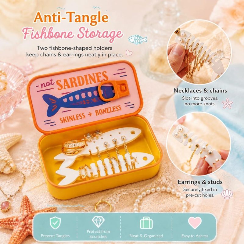 Sardines Travel Jewelry Case, Sardine Tin Jewelry Box, 3d Printed Sardine Tin-Like Jewelry Case, with Fish-Shaped Holders for Rings, Earrings, and Charms, Portable Earring Organize
