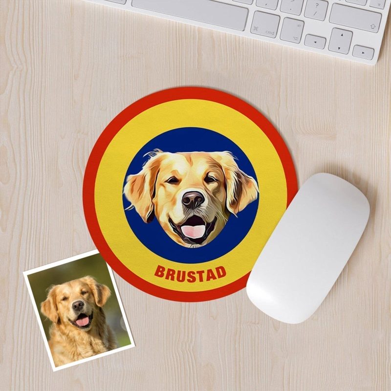 Custom Round Mouse Pad Personalized Pet Face with Name Gift for Pet Lover – Yellow & Blue