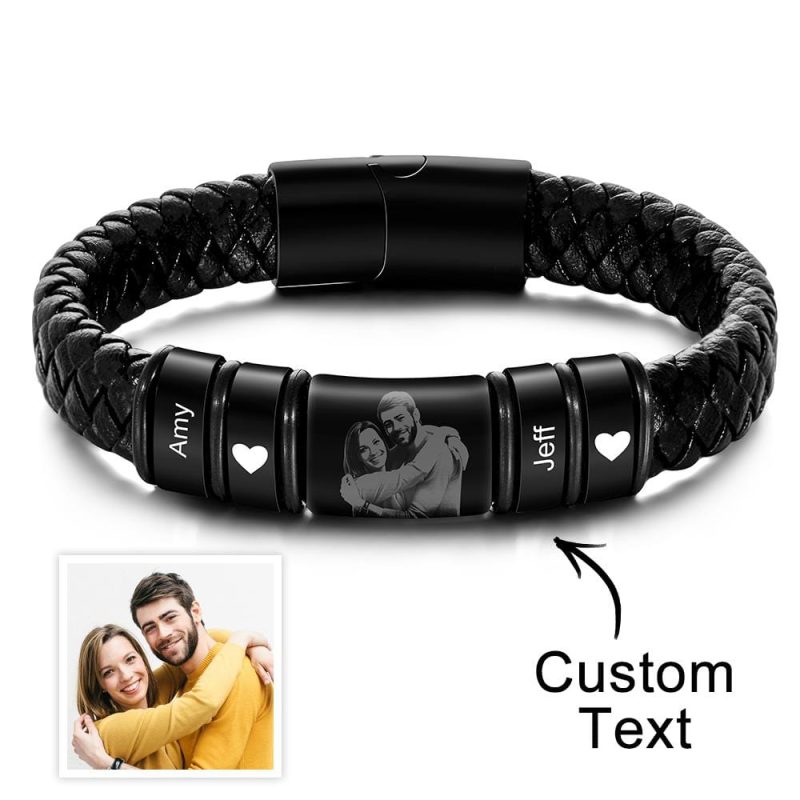 Custom Photo Engraved Bracelet Personalized Leather Men’s Bracelet Anniversary Gift