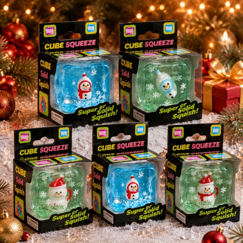 Christmas Ice Cube Squishy Toy Super Solid Snowman Squeeze Toy With Floating Snowflakes Stress Relief Fidget For Kids Adults 9
