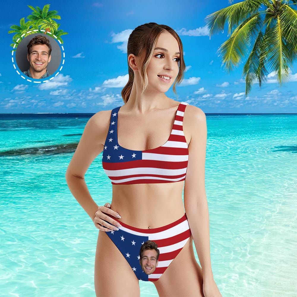 Custom Face Sport Bikini Women's Photo High Waisted Swimsuit - USA Flag