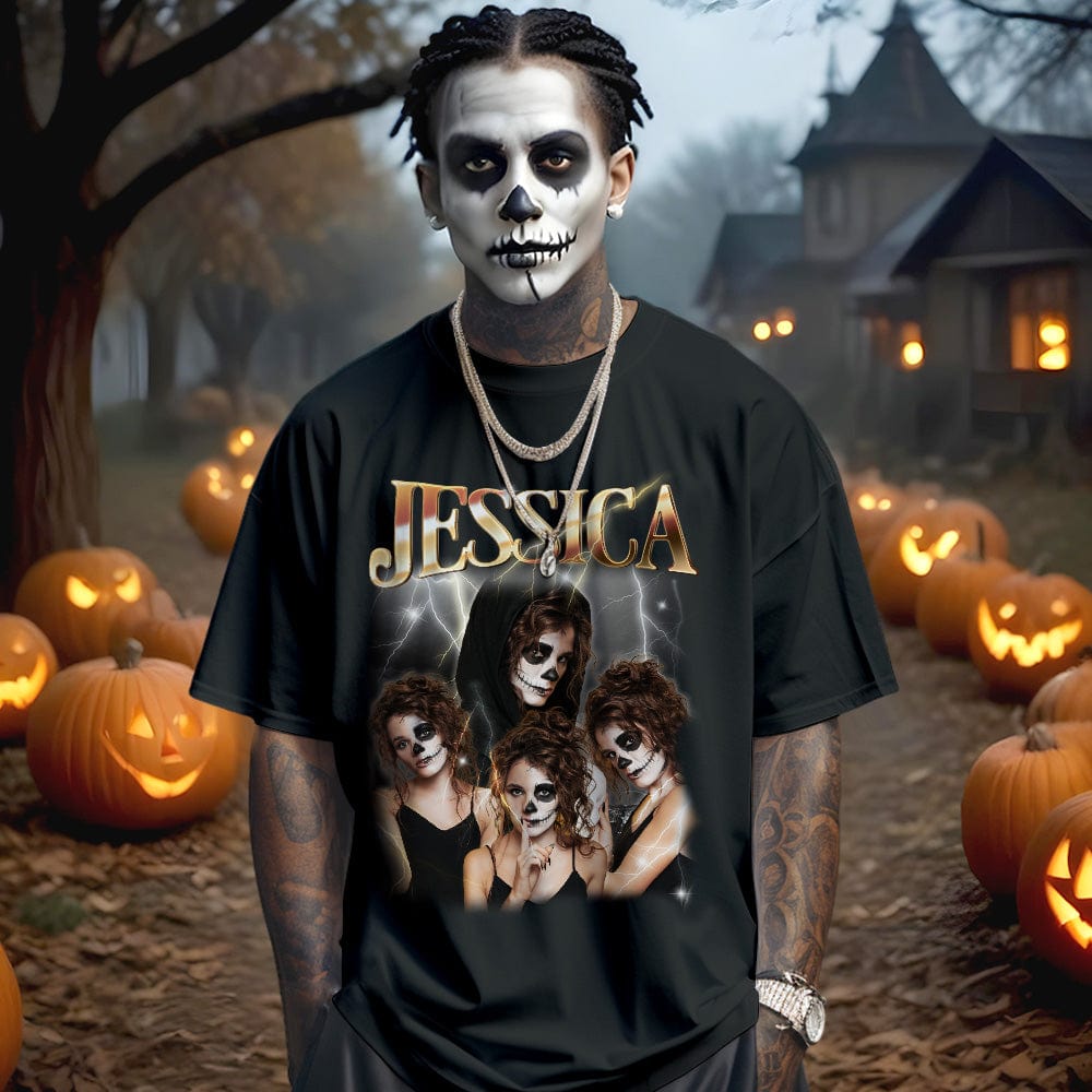 Custom Photo Vintage Tee Personalized Name T-shirt Halloween Gifts