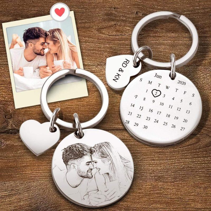 Custom Calendar Keychain Photo Engraved Keychain Valentine’s Anniversary Gifts for Couple