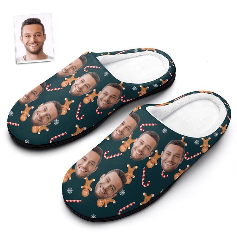 Custom Photo Cotton Slippers Gingerbread And Candy Cane Slippers Gifts for Her