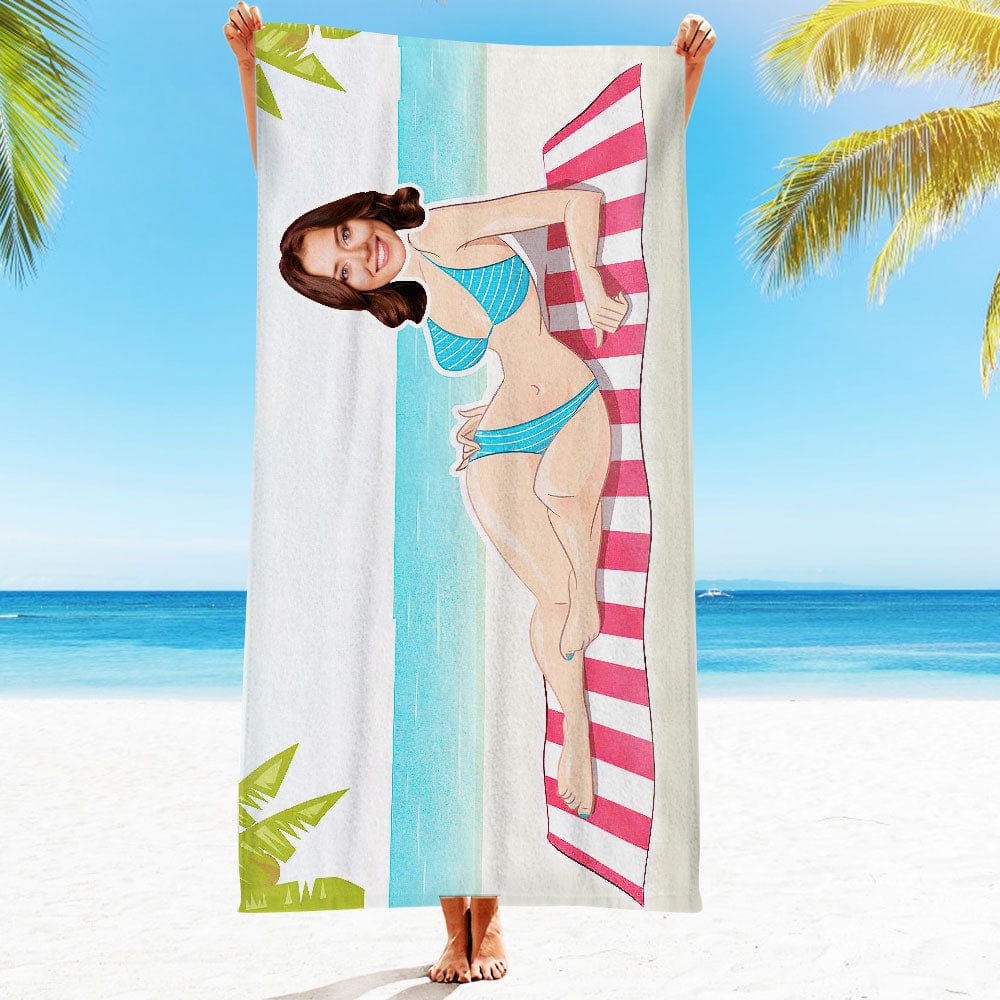 Custom Face Beach Towel Personalized Blue Striped Swimsuit Beach Towel Funny Gift for Summer