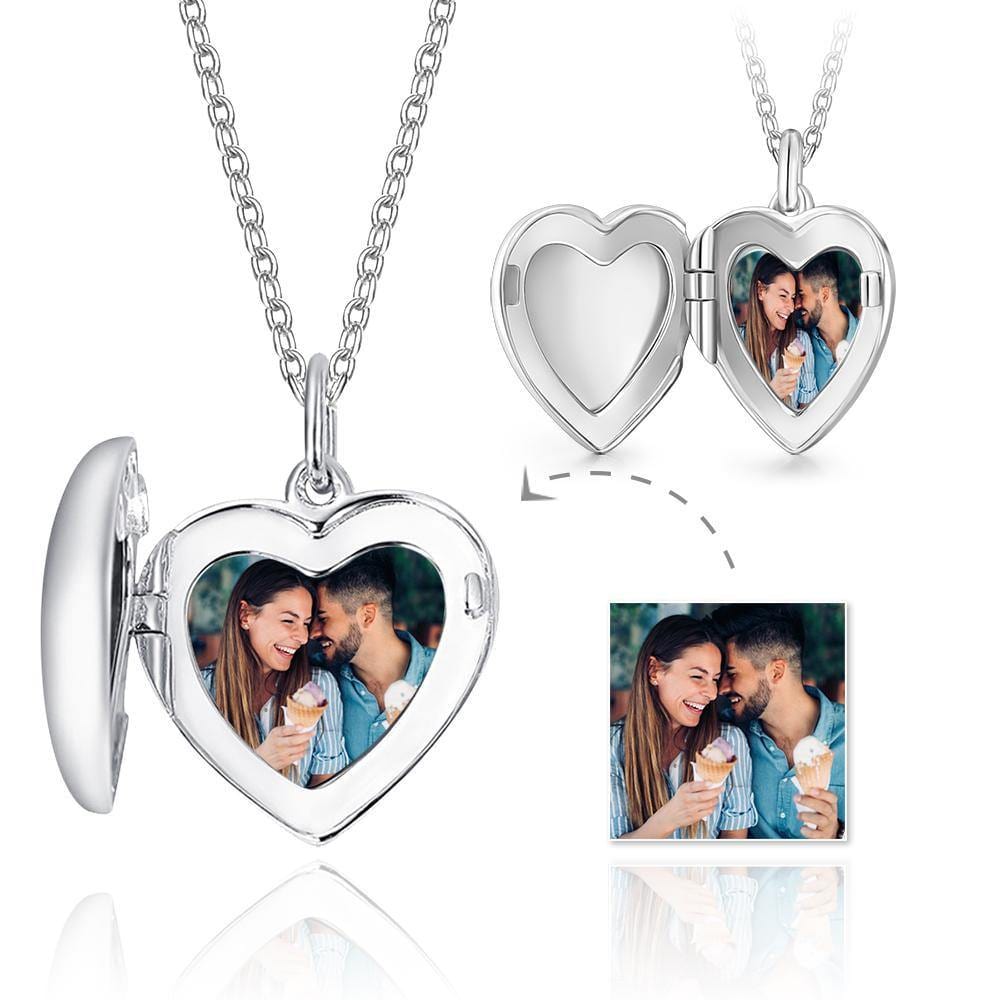 Engraved Heart Photo Locket Necklace Gifts for Mom Silver - Image 2