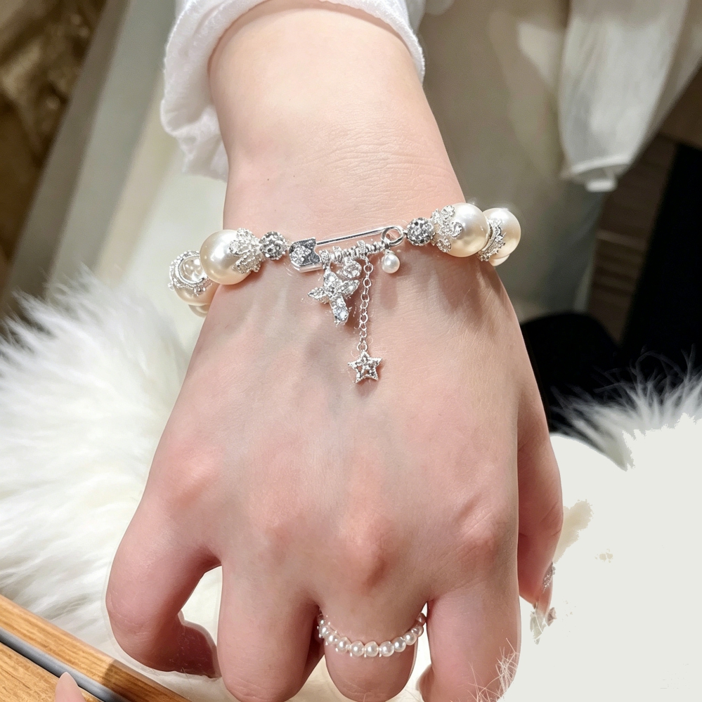 Rhinestone Bow Pearl Beaded Bracelet, Safety Pin Cross Star Dangle Charm Bracelet for Women - Image 2