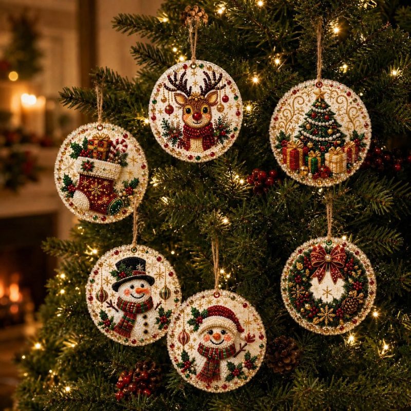 6PCS Christmas Wooden Ornaments DIY Pearl Diamond Painting Kit