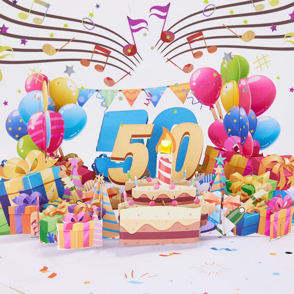 Lights and Music 50th Happy Birthday 3D Pop Up Greeting Card for Her or Him - Image 2