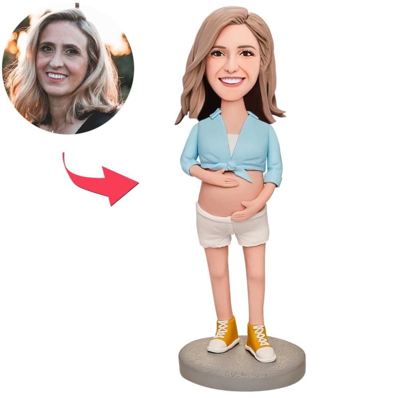 Mother’s Day Custom Bobblehead with Engraved Text Gift for Mom – Pregnant Woman in Blue
