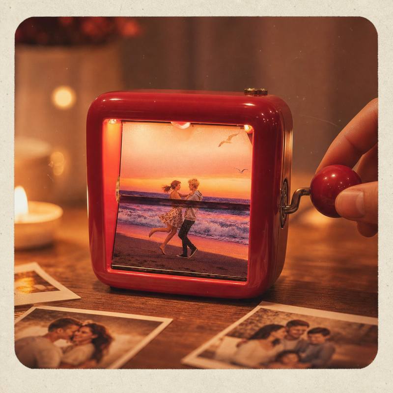 Custom Photo Flipbook Frame Machine Mechanical Hand Cranked Flipbook Red Square Box Photo Album With Light 2