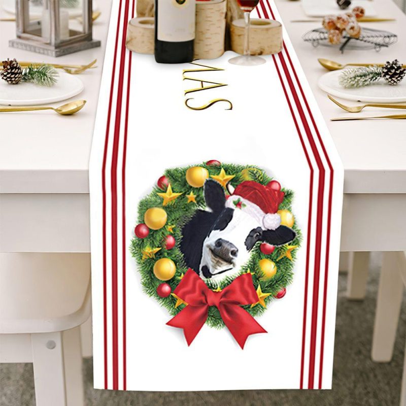 White Christmas Table Runner With Cow Christmas Gifts 7 Sizes