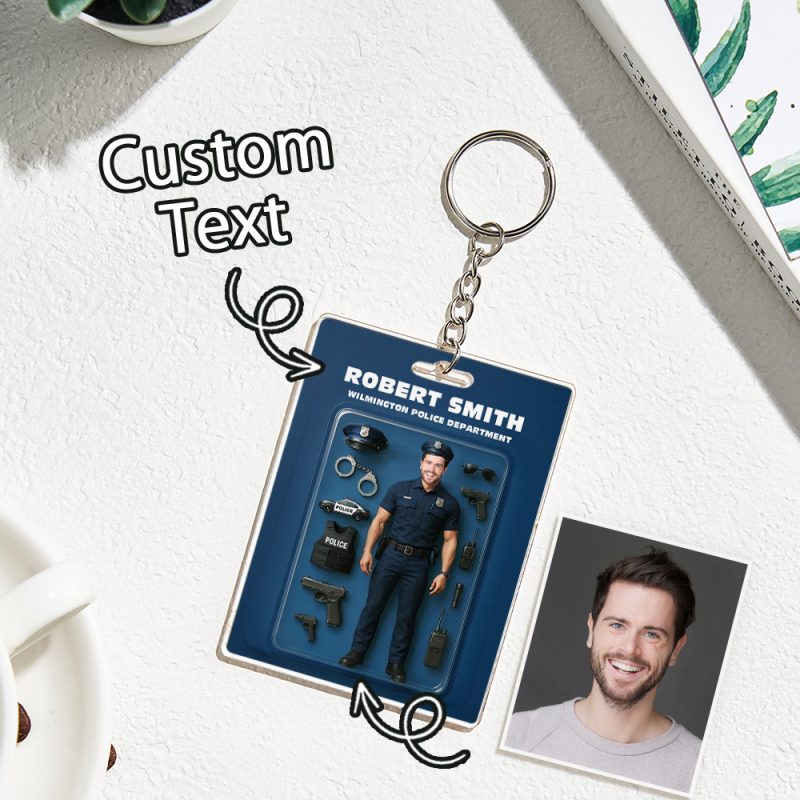 Custom 3D Effect Action Figure Customizable Head Packaging Toy Box Style Art Gift Personalized 2D Printing Acrylic Keychain Gift for Police Officers