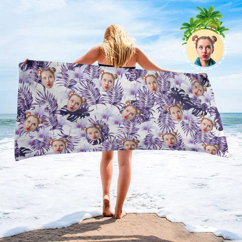 Personalized Beach Towels with Photo Custom Purple Rainforest Leaves Beach Towel