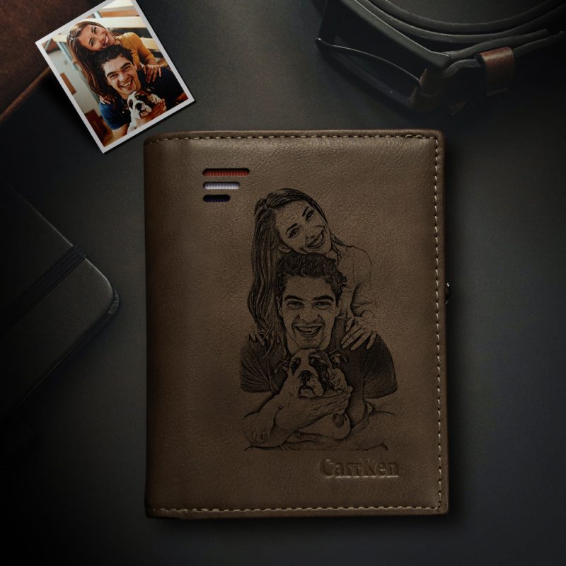 Custom Photo Engraved Vertical Wallet RFID Blocking Wallet with Zipper Coin Pouch