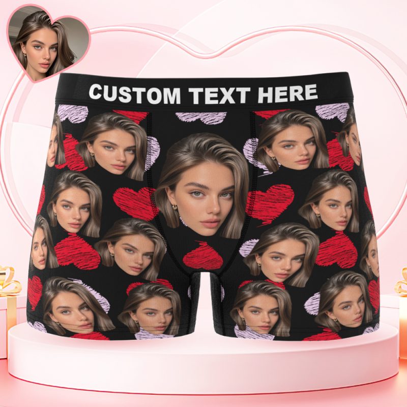 Valentine’s Day Gifts Custom Big Face Boxer Shorts Colorful Waistband Boxer Briefs Red and Pink Hearts Gifts For HimUS