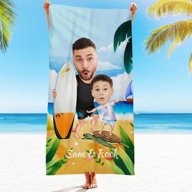Father’s Day Gifts Custom Face Beach Towel Personalized Surfing Daddy and Me Beach Towel Funny Gift for Summer
