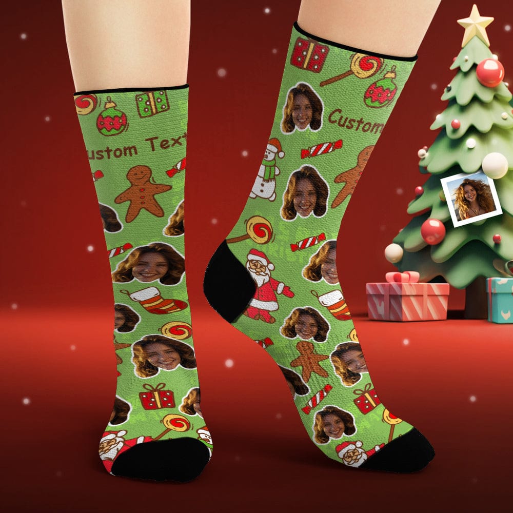 Custom Face Socks Personalized Photo Green Socks Christmas Gifts - Image 2