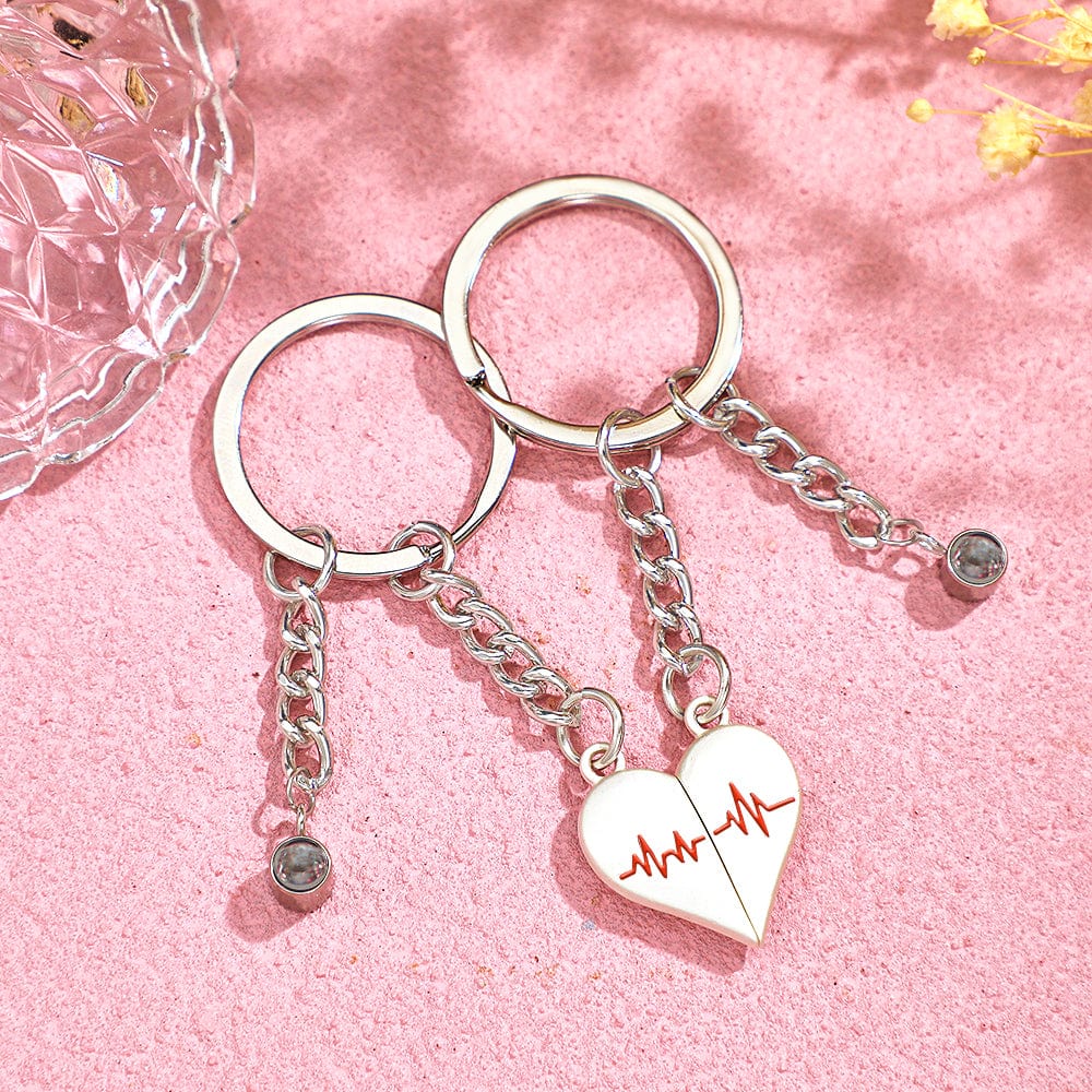 Custom Photo Heart Keychains Couple Projection Photo Magnetic Heartbeat Keyrings - Image 2