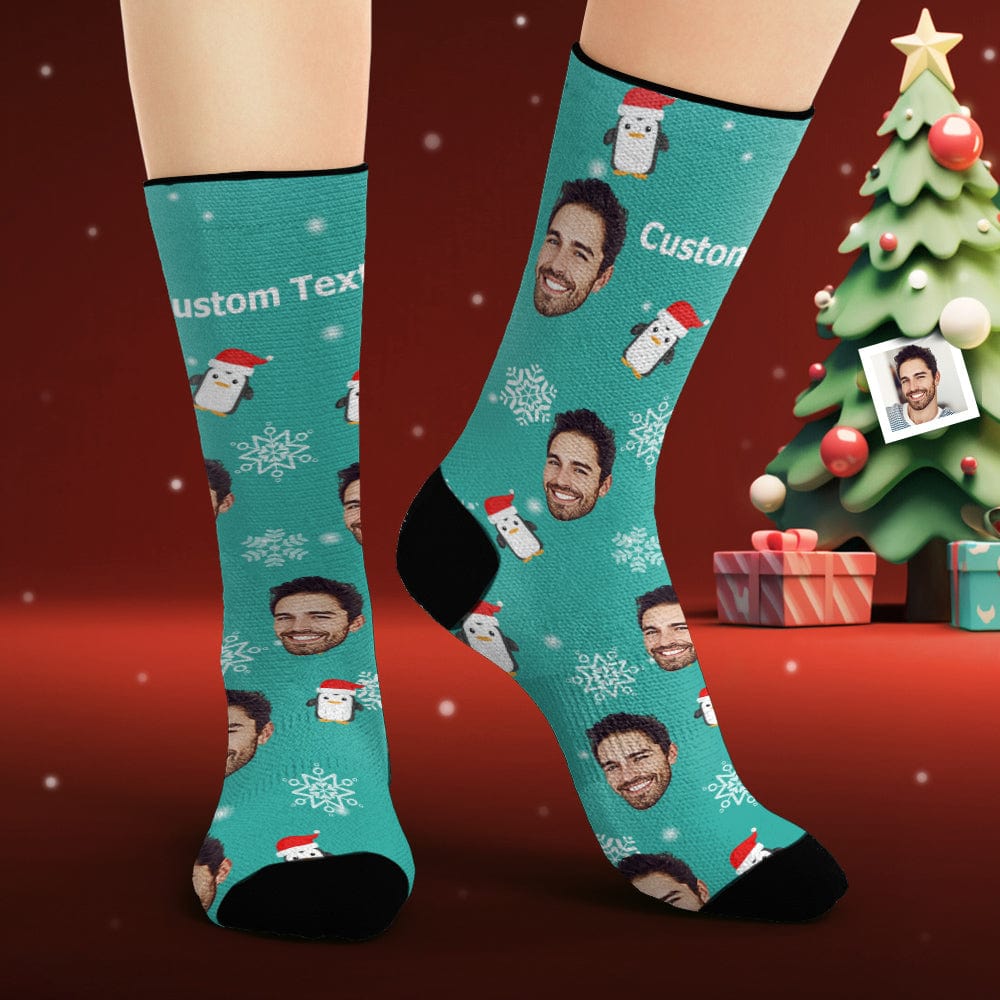 Custom Face Socks Personalized Photo Socks Christmas Penguin - Image 2