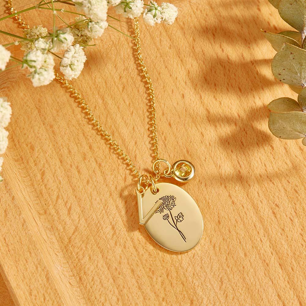 Personalized Text Birthstone Necklace Birth Flower Necklace Gift for Mom - Image 3