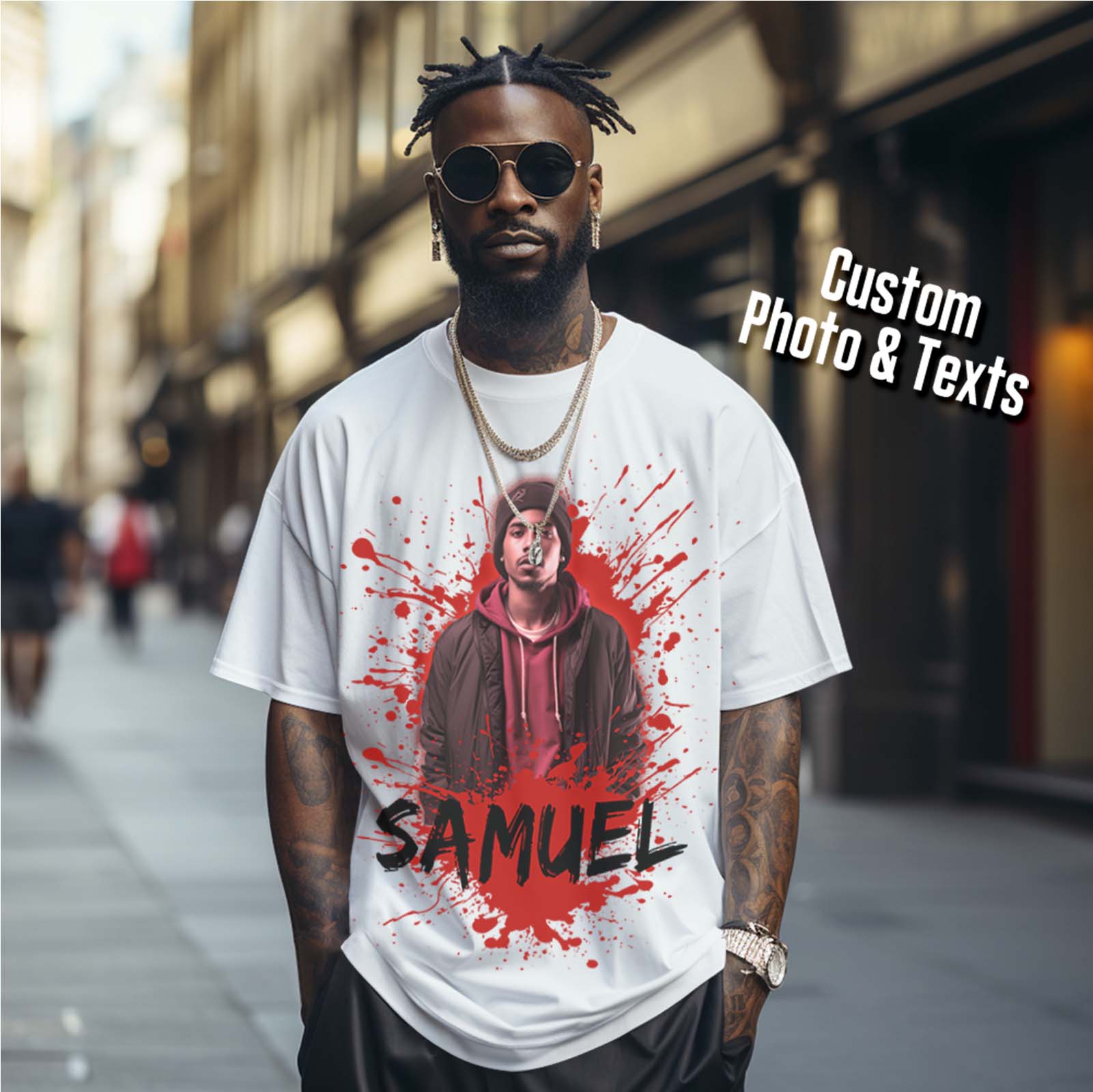 Custom Photo Vintage T-shirt Personalized American Hip-hop Rap Tee with Name