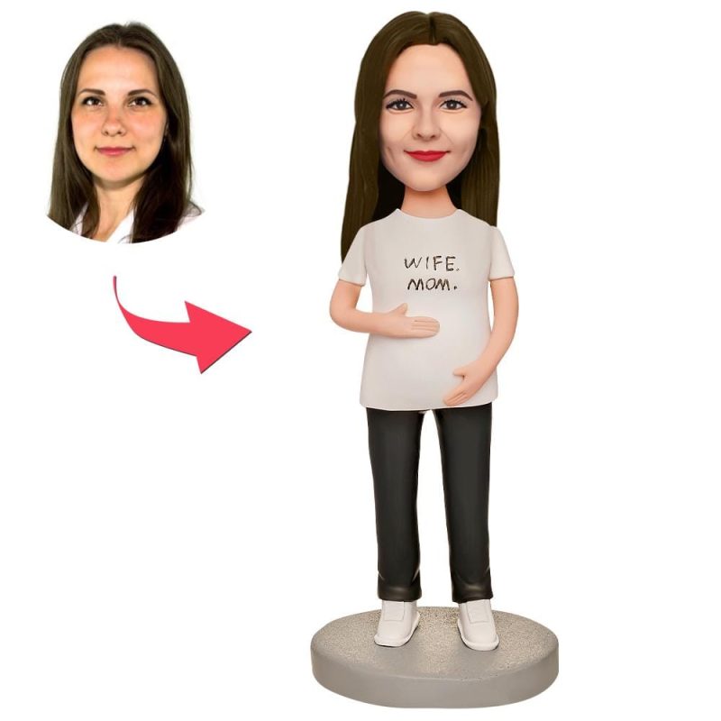 Custom Bobblehead with Engraved Text Mother’s Day Gift – Pregnant Woman in White T-shirt