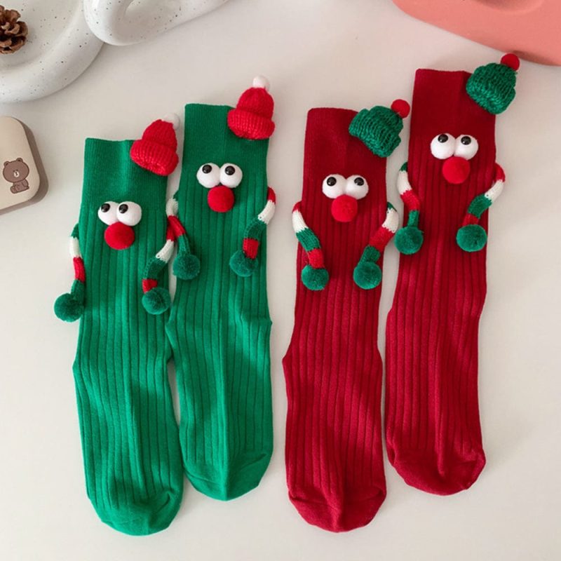 Funny Santa Claus Doll Magnetic Holding Hands Socks Women’s Mid Tube Socks Christmas Gifts