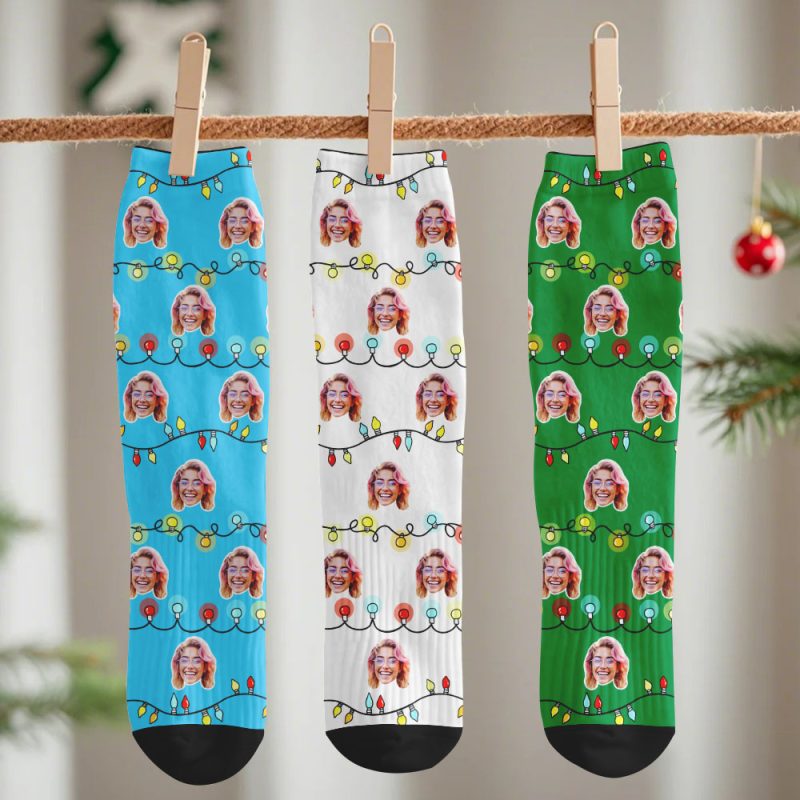Custom Face Socks Christmas Lights Multicolor Socks Personalized Christmas Photo Socks Funny Holiday Gift for Family & Friends – SantaSocks