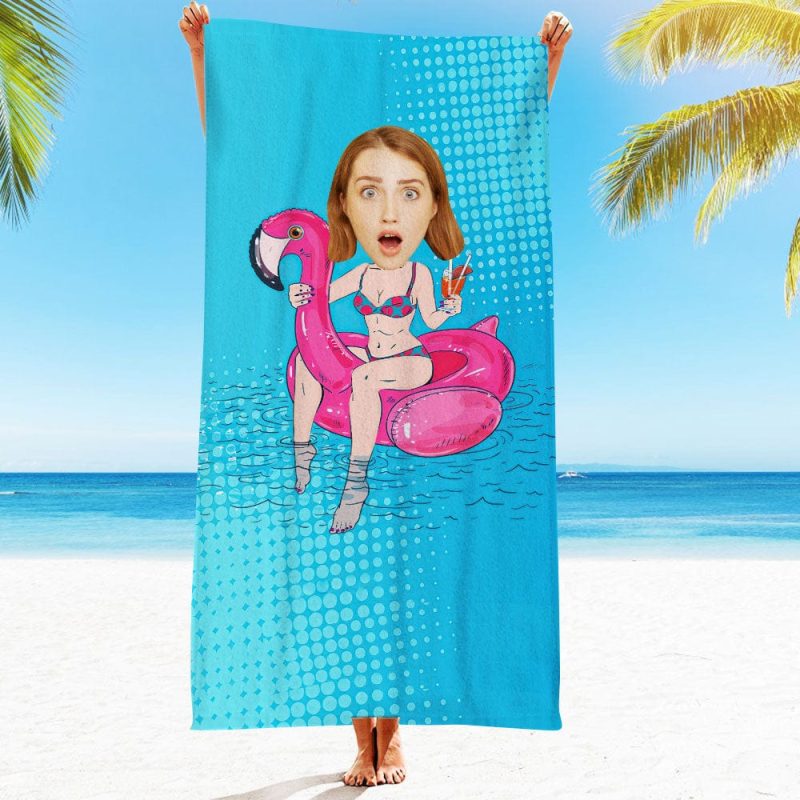 Custom Face Beach Towel Personalized Flamingo Swim Ring Bikini Girl Beach Towel Funny Gift for Summer