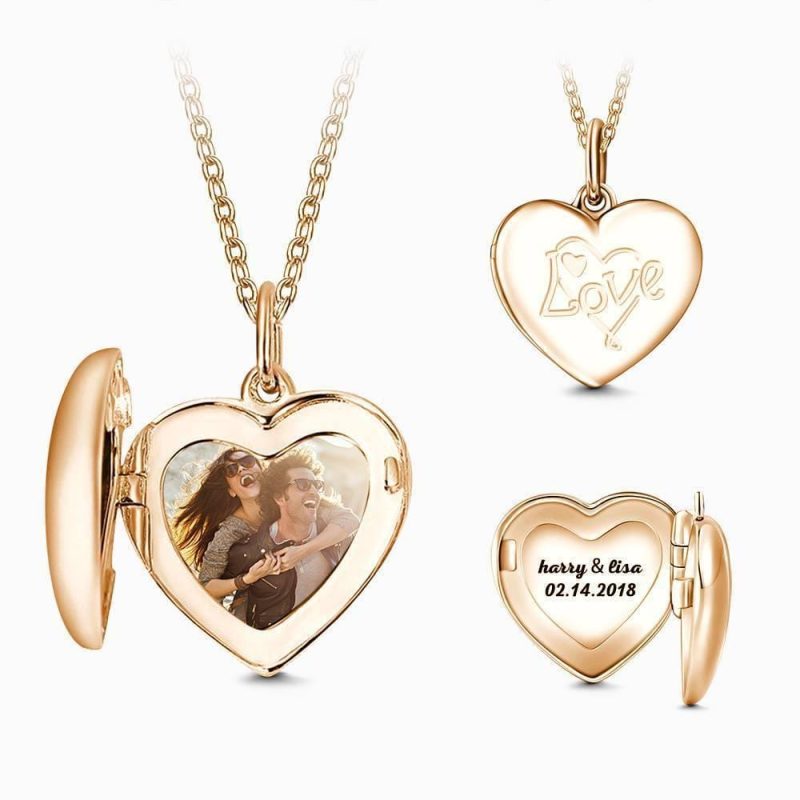 Heart Engraved Photo Locket Necklace Christmas Gifts Rose Gold Plated