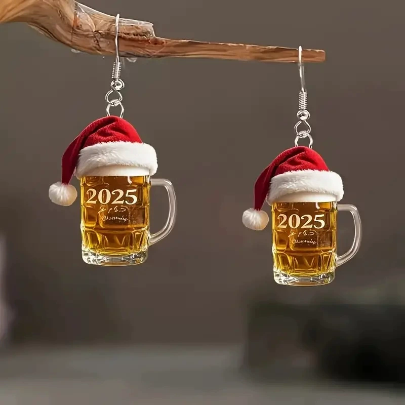 2025 Christmas Beer Mug Acrylic Earrings Santa Hat Beer Mug Acrylic Earrings