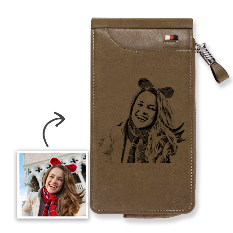 Woman’s Custom Photo Engraved Wallet Card Holder Brown Leather