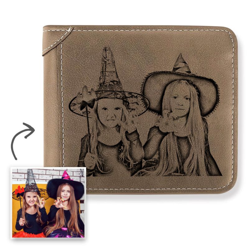 Halloween Gift | Men’s Custom Engraved Photo Wallet Brown Leather
